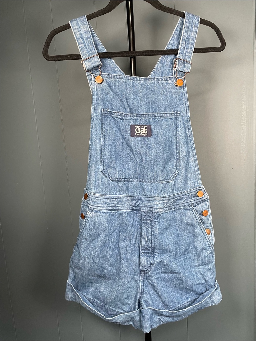 VTG 90s Gals Japanese Wrangler Denim Overall Shorts Shortalls RARE Womens L